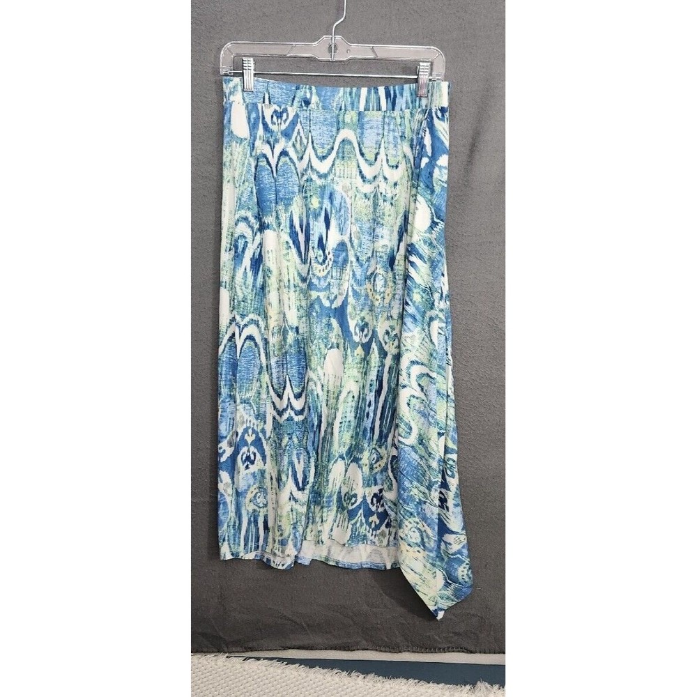 Chico's Womens Molly Ikat‎ Midi Skirt Blue Green Asymmetric Stretch Pull On Sz M